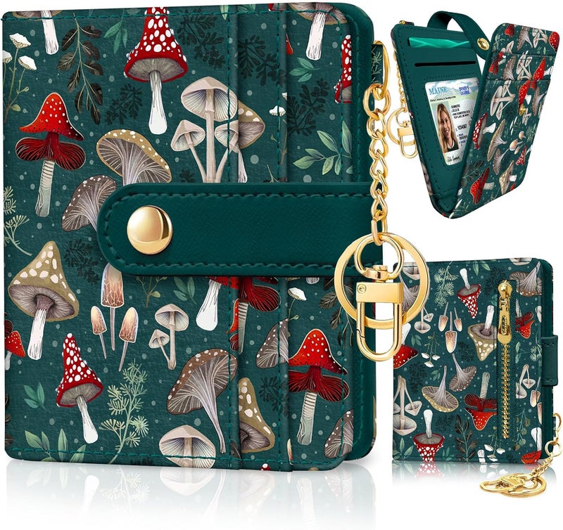 Jogjam Mushroom Green Rfid Ladies Wallet, Small Slim Thin Compact Credit Card Women Wallet, PU Leather Bifold Cash Zipper Coin Pocket ID Window for Female - Image 1
